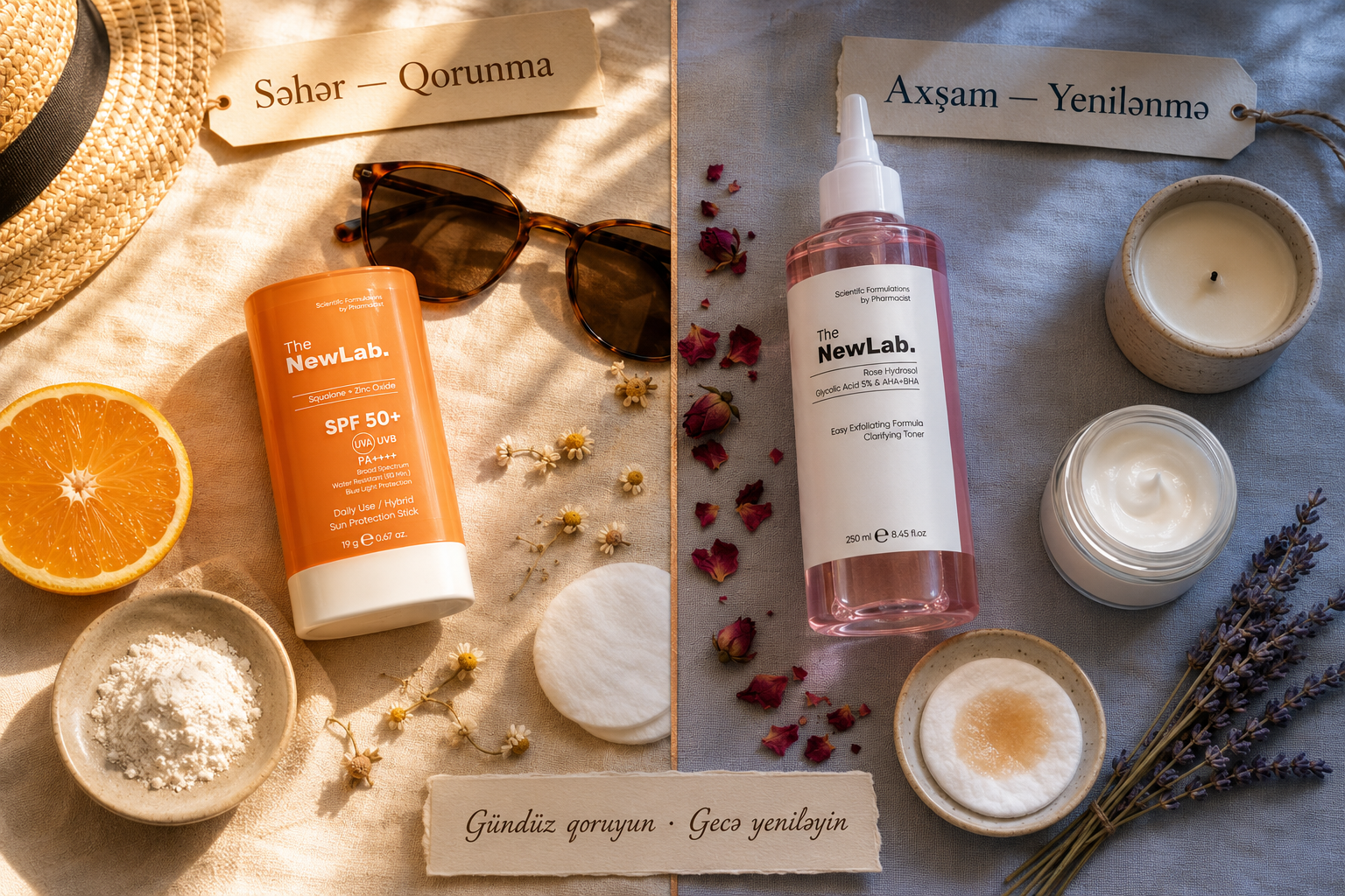 AHA BHA tonik SPF guneş qoruyucu stick deri bakim rutini seher axsam the new lab